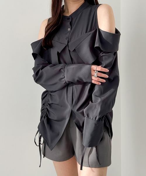 Heather(ヘザー)の「ショルダーカットチュニックブラウス 324853(シャツ/ブラウス・レディース・グレー系その他/オフホワイト/チャコールグレー・FREE)」の3枚目の写真