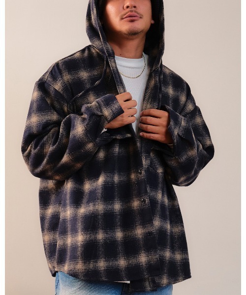 #Re:room（リルーム）の「チェックフーディーシャツ（シャツ/ブラウス・メンズ・グレー/ネイビー・FREE）」の2枚目の写真