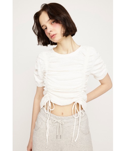 SLY(スライ)の「SHIRRING CUT TOPS シャーリング カット トップス 夏服 半袖(Tシャツ/カットソー・レディース・オフホワイト/ブラック/ライトブルー・FREE)」の5枚目の写真