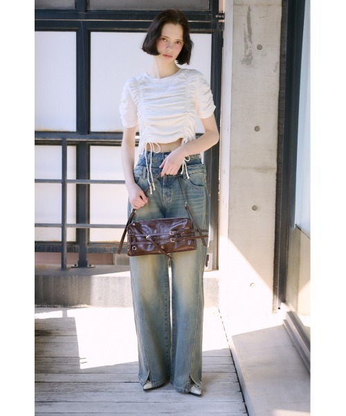 SLY(スライ)の「SHIRRING CUT TOPS シャーリング カット トップス 夏服 半袖(Tシャツ/カットソー・レディース・オフホワイト/ブラック/ライトブルー・FREE)」の8枚目の写真
