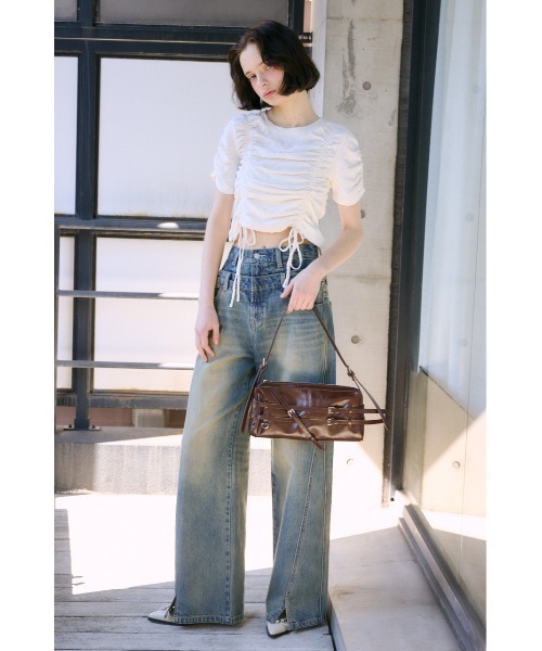 SLY(スライ)の「SHIRRING CUT TOPS シャーリング カット トップス 夏服 半袖(Tシャツ/カットソー・レディース・オフホワイト/ブラック/ライトブルー・FREE)」の9枚目の写真