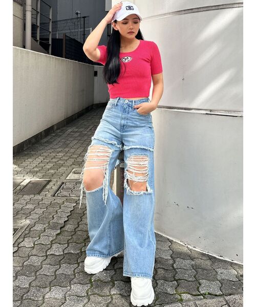 即日発送！GYDA GD bijou MOLDハーフスリーブニットトップスＰＫ GD bijou MOLDハーフスリーブニットトップス（Tシャツ
