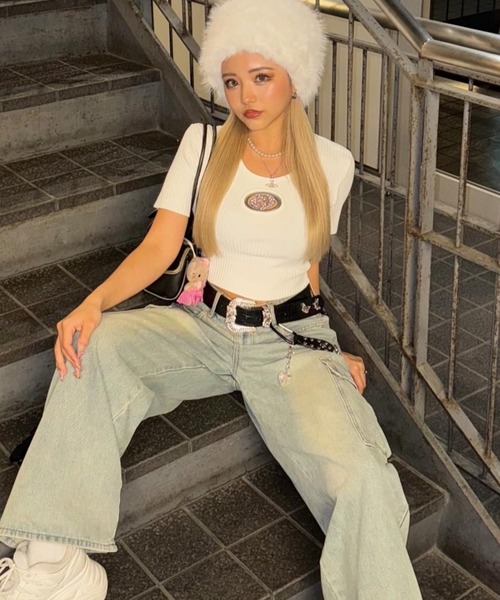 GD bijou MOLDハーフスリーブニットトップス オフホワイト GYDA tシャツ GD bijou MOLDハーフスリーブニットトップス
