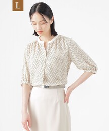 【L】【UV対策】【ウォッシャブル】ラインキューブプリントキーネックブラウス