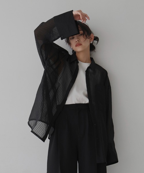 HERMES ストライプ柄 リブニット ポロシャツ シアー 半袖 XL 黒