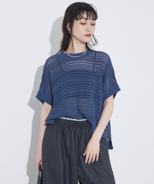 ニット セーター 「大人の透け感」透かしガータースクエアニット/夏服/サマーニット レディース セール】【大人の透け感】透かしガータースクエアニット/夏服