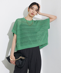 qualite | 【大人の透け感】透かしガータースクエアニット/夏服/サマーニット(ニット/セーター)