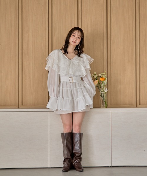 mideal（マイディール）の「ruffle lace sheer tunic one piece / フリルレースシアーチュニックワンピース（チュニック・レディース・ブラウン/オフホワイト・FREE）」の12枚目の写真