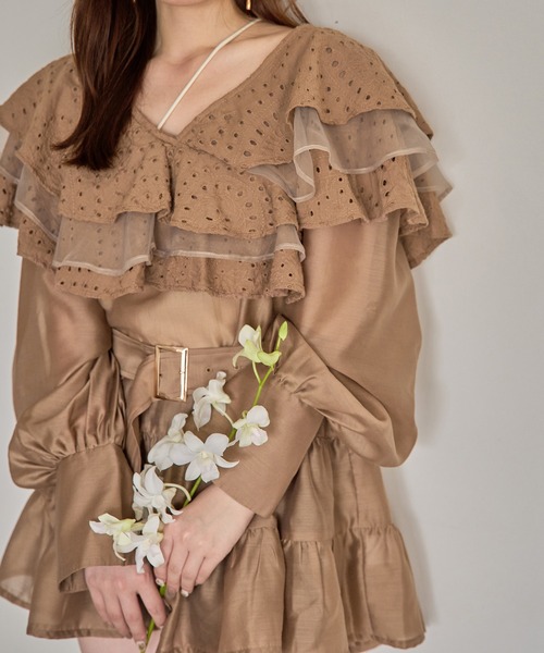 セール】ruffle lace sheer tunic one piece / フリルレース