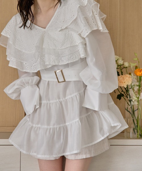 mideal（マイディール）の「ruffle lace sheer tunic one piece / フリルレースシアーチュニックワンピース（チュニック・レディース・ブラウン/オフホワイト・FREE）」の9枚目の写真