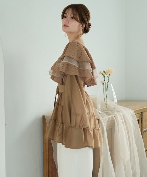 mideal（マイディール）の「ruffle lace sheer tunic one piece / フリルレースシアーチュニックワンピース（チュニック・レディース・ブラウン/オフホワイト・FREE）」の6枚目の写真