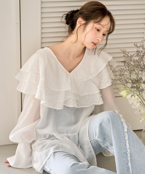 mideal（マイディール）の「ruffle lace sheer tunic one piece / フリルレースシアーチュニックワンピース（チュニック・レディース・ブラウン/オフホワイト・FREE）」の10枚目の写真