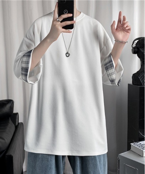 Evo+Revo(エボレボ)の「"なんか洒落てる”チラ見せチェックオーバーサイズTシャツ(Tシャツ/カットソー・メンズ・ホワイト/ブラック・M/L/XL)」の10枚目の写真