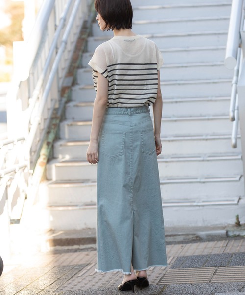 【希少】PRADA◆デニム タイトスカート ヴィンテージ加工 ロゴ付 洗える/ストレッチ】後ろスリットデニムタイトスカート（デニム