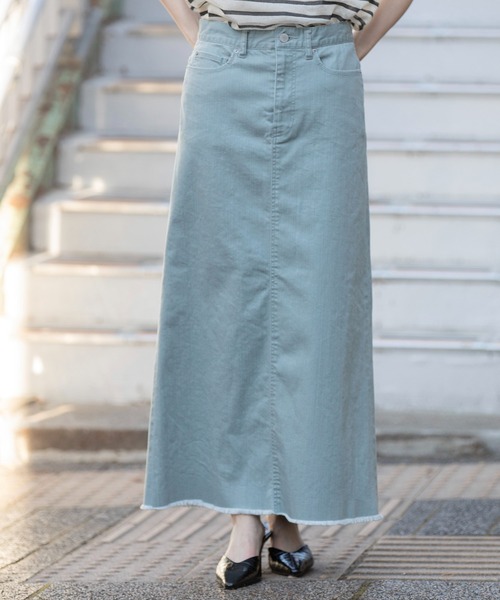 Munich(ミューニック)の「ダスティー加工デニムマキシタイトスカート(デニムスカート・レディース・モカ/サックスブルー/ピンク・M/S/XS)」の22枚目の写真