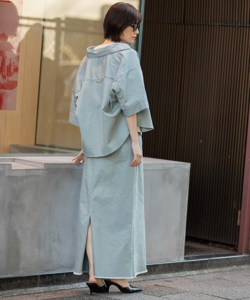 Munich(ミューニック)の「ダスティー加工デニムマキシタイトスカート(デニムスカート・レディース・モカ/サックスブルー/ピンク・M/S/XS)」の14枚目の写真