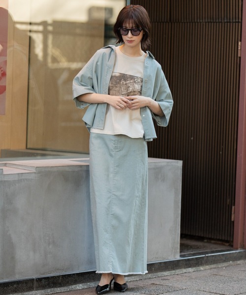 Munich(ミューニック)の「ダスティー加工デニムマキシタイトスカート(デニムスカート・レディース・モカ/サックスブルー/ピンク・M/S/XS)」の16枚目の写真