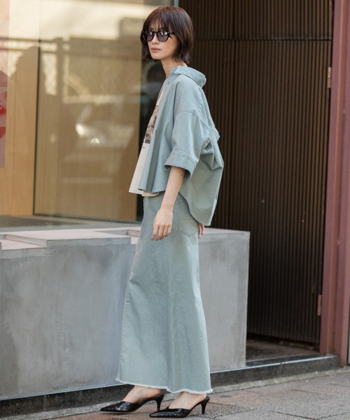 Munich(ミューニック)の「ダスティー加工デニムマキシタイトスカート(デニムスカート・レディース・モカ/サックスブルー/ピンク・M/S/XS)」の15枚目の写真