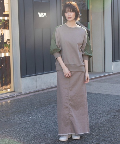 Munich(ミューニック)の「ダスティー加工デニムマキシタイトスカート(デニムスカート・レディース・モカ/サックスブルー/ピンク・M/S/XS)」の5枚目の写真