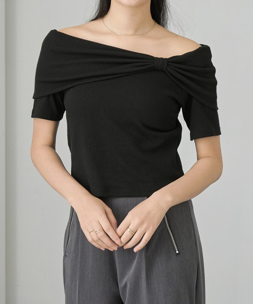 Cieluna（シエルナ）の「【Cieluna】オフショル リボンデザイン リブカットソー（Tシャツ/カットソー・レディース・グレー/アイボリー/ブラック・M/L）」の2枚目の写真