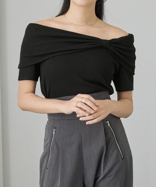 Cieluna（シエルナ）の「【Cieluna】オフショル リボンデザイン リブカットソー（Tシャツ/カットソー・レディース・グレー/アイボリー/ブラック・M/L）」の7枚目の写真