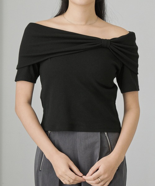 Cieluna（シエルナ）の「【Cieluna】オフショル リボンデザイン リブカットソー（Tシャツ/カットソー・レディース・グレー/アイボリー/ブラック・M/L）」の9枚目の写真