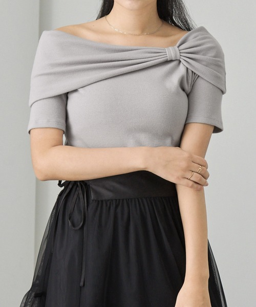 Cieluna（シエルナ）の「【Cieluna】オフショル リボンデザイン リブカットソー（Tシャツ/カットソー・レディース・グレー/アイボリー/ブラック・M/L）」の17枚目の写真