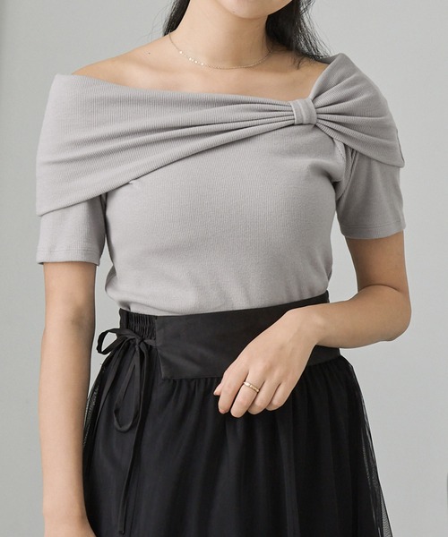 Cieluna（シエルナ）の「【Cieluna】オフショル リボンデザイン リブカットソー（Tシャツ/カットソー・レディース・グレー/アイボリー/ブラック・M/L）」の18枚目の写真