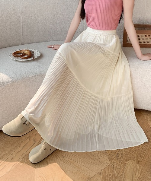 美品 デプレ プリーツスカート シフォン ロング マキシ丈 シースルー 透け感 セール】シフォンスカート ロングプリーツスカート（スカート