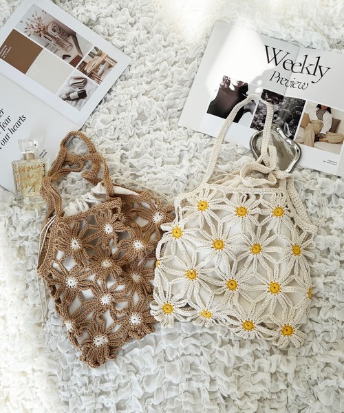 NOLITA LABORATORY（ノリータラボラトリー）の「【 NOLITA / ノリータ 】カギ編み デイジー 花 モチーフ 透け編み 巾着 ショルダーバッグ クロシェア編み バッグ（ショルダーバッグ・レディース・アイボリー/ブラウン・FREE）」の5枚目の写真