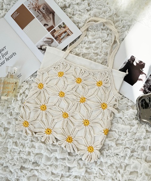 NOLITA LABORATORY（ノリータラボラトリー）の「【 NOLITA / ノリータ 】カギ編み デイジー 花 モチーフ 透け編み 巾着 ショルダーバッグ クロシェア編み バッグ（ショルダーバッグ・レディース・アイボリー/ブラウン・FREE）」の9枚目の写真