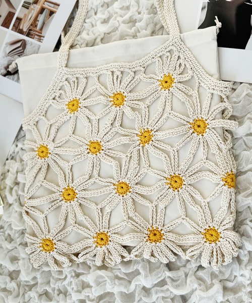 NOLITA LABORATORY（ノリータラボラトリー）の「【 NOLITA / ノリータ 】カギ編み デイジー 花 モチーフ 透け編み 巾着 ショルダーバッグ クロシェア編み バッグ（ショルダーバッグ・レディース・アイボリー/ブラウン・FREE）」の10枚目の写真
