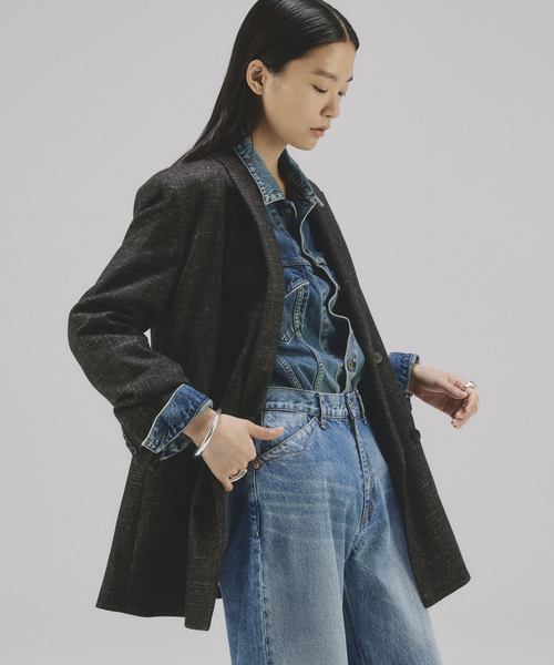 plage Tweed Long ジャケット ブラック38 plage（プラージュ）の「Tweed Long ジャケット（ノーカラー