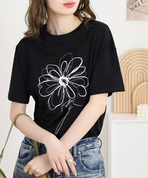 BRODIAEA フラワー刺繍×プリント半袖Tシャツ