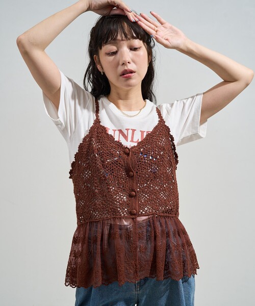 FREAK'S STORE（フリークスストア）の「かぎ針ドッキングレース キャミソール ビスチェ/クロシェレース キャミソール（キャミソール・レディース・ブラック/オフホワイト/ブラウン・ﾌﾘ-）」の9枚目の写真