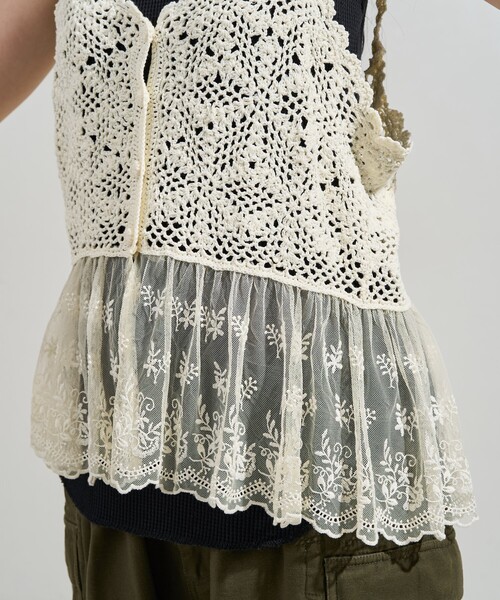 TulleドッキングKnitビスチェキャミ セール】パール付き/ラメチュールニットビスチェキャミソール