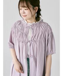 フォッシィ（FOSSI）レディース 半袖ブラウス パープル系 　後ろ首リボン結び （サイズ/38）*fs0004 2WAYりぼん付きパール釦フロントオーガンジータックフリルブラウス