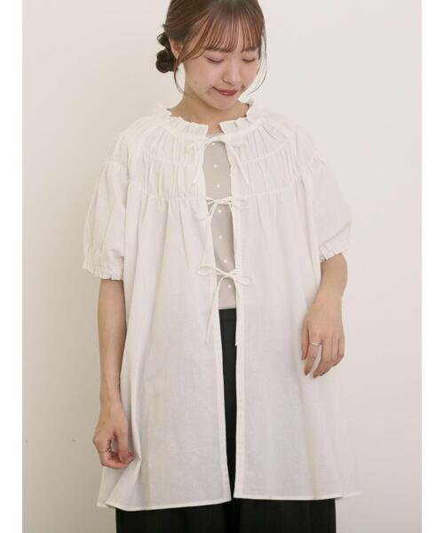 未使用】レース リボン 100%リネン長袖ブラウス ライトブルゾン