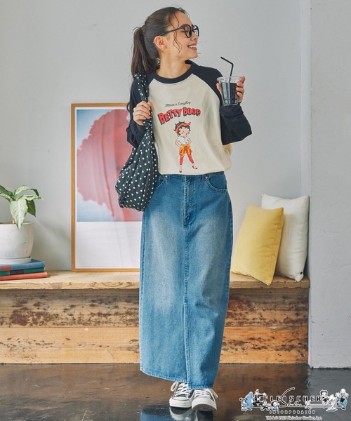 BETTY BOOP（ベティ・ブープ）の「【BettyBoop(TM)】ベティー ブープ(TM) 別注  ヴィンテージプリント オーバーサイズ ラグラン長袖Tシャツ（Tシャツ/カットソー・レディース・ブラック/ネイビー・FREE）」の12枚目の写真