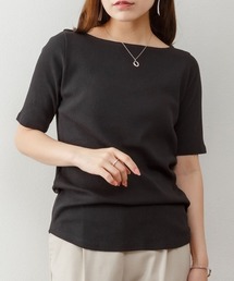 ボートネック5分袖コットンリブTシャツ