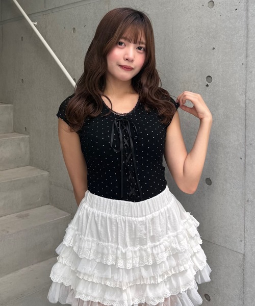 Lae（レイ）の「レースアップドットTシャツ（Tシャツ/カットソー・レディース・ブラック・SMALL）」の2枚目の写真
