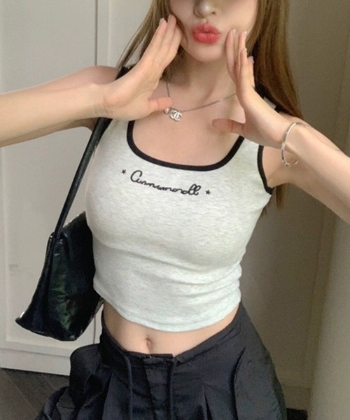 Lace Ladies（レースレディース）の「配色 ライン ロゴ付き カップ付き タンクトップ（タンクトップ・レディース・グレー/ピンク/ブラック/ホワイト・FREE）」の9枚目の写真