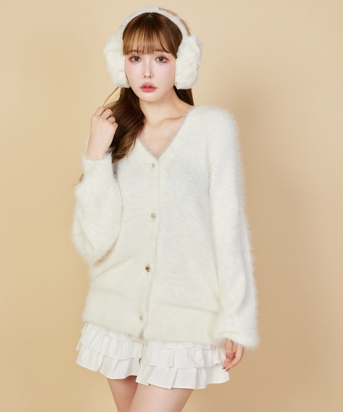 【美品】FOXEY ホワイト 長袖カーディガン ボレロ ニット セール】milkyフェザーニットロングカーディガン（カーディガン/ボレロ