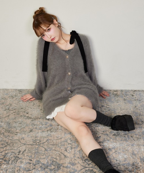 one after another NICE CLAUP（ワンアフターアナザーナイスクラップ）の「【今すぐお届け可能!セットで着れる】milkyフェザーニットロングカーディガン（カーディガン/ボレロ・レディース・ダークブラウン/ピンク/オフホワイト/グレー/サックスブルー・FREE）」の6枚目の写真