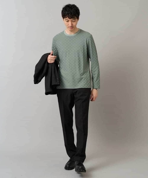 a.v.v(アーヴェヴェ)の「【ジャケット映えカットソー】ブロックリンクスジャカードクルーネックTシャツ 通勤/ビジネス/ジャケット【イージーケア/毛玉になりにくい/洗濯機で洗える】〈ON/(Tシャツ/カットソー・メンズ・ブラック/グリーン/ホワイト・46/48/50)」の13枚目の写真