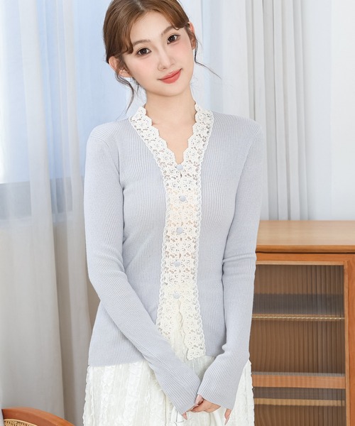 Anely（アネリー）の「花柄レース Vネック リブ ニットトップス（ニット/セーター・レディース・グレー/ブラック/アイボリー・FREE）」の3枚目の写真