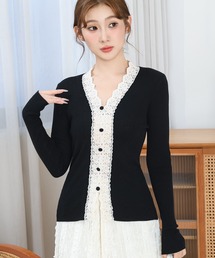 花柄レース Vネック リブ ニットトップス
