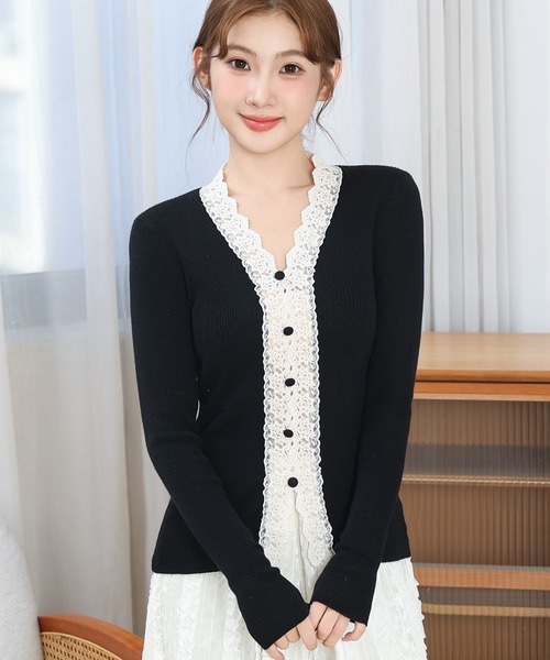 Anely（アネリー）の「花柄レース Vネック リブ ニットトップス（ニット/セーター・レディース・グレー/ブラック/アイボリー・FREE）」の4枚目の写真