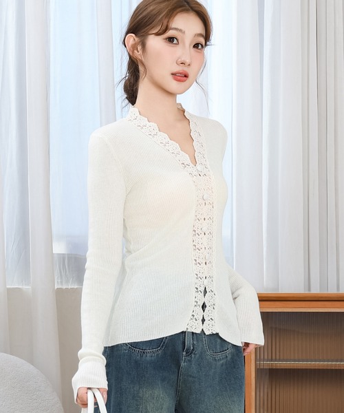 Anely（アネリー）の「花柄レース Vネック リブ ニットトップス（ニット/セーター・レディース・グレー/ブラック/アイボリー・FREE）」の17枚目の写真