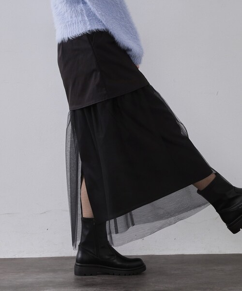 OPAQUE.CLIP(オペークドットクリップ)の「チュールドッキングデザインスカート【洗濯機OK】(スカート・レディース・ブラック/ブラウン系その他・36/38)」の1枚目の写真